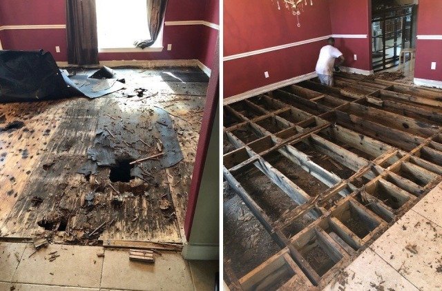 Wood structure being repaired under a floor.
